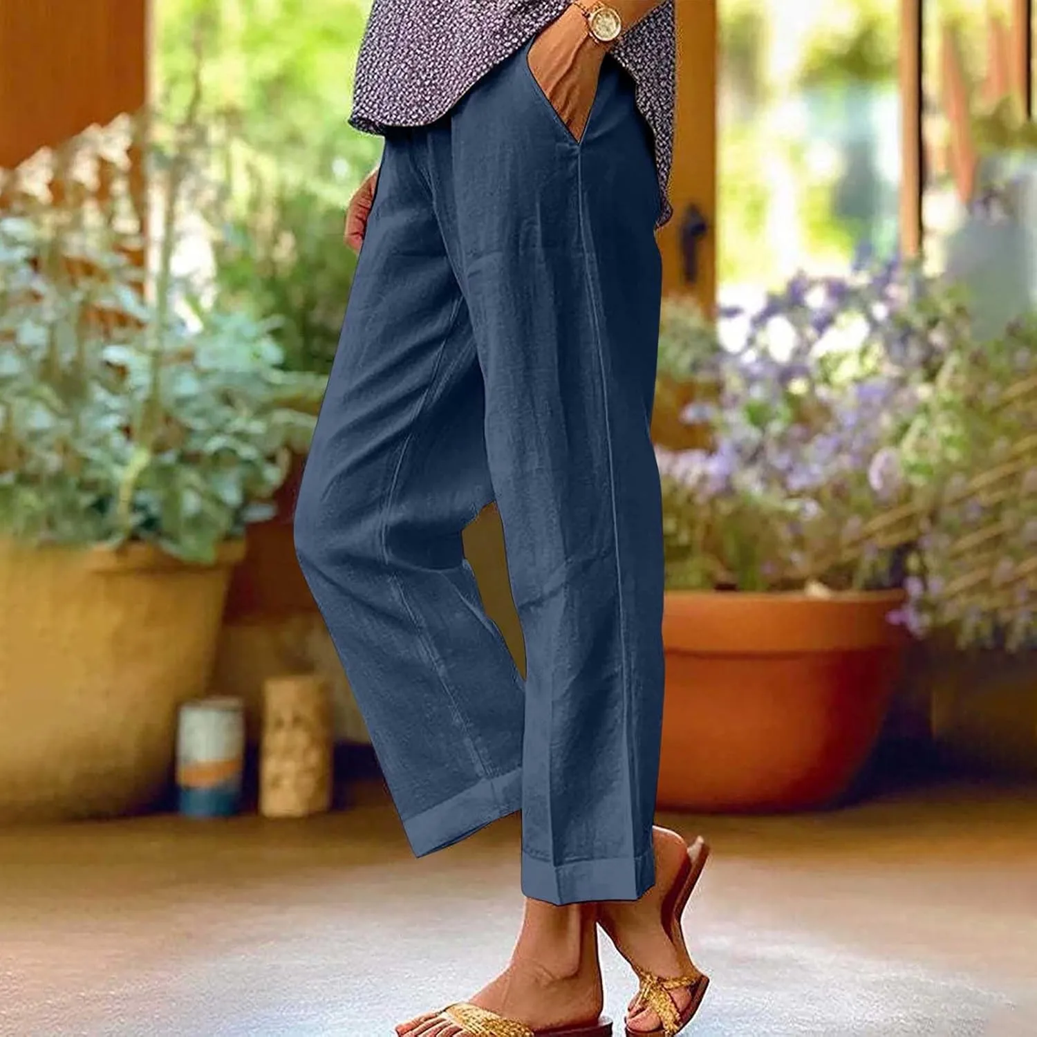Womens Plus Size Cotton Linen Pants Elastic High Waist Summer Pants Casual Loose Fit Vacation Trousers with Pockets