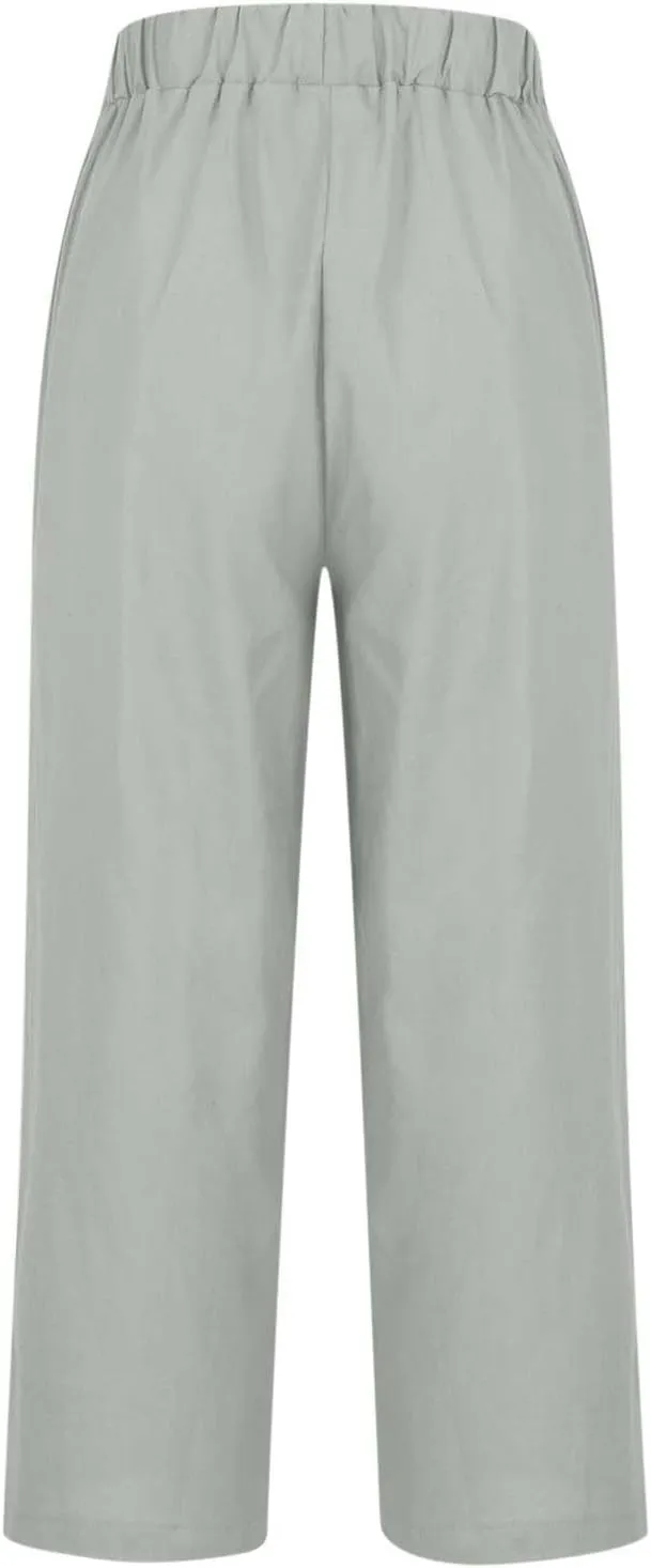 Womens Plus Size Cotton Linen Pants Elastic High Waist Summer Pants Casual Loose Fit Vacation Trousers with Pockets