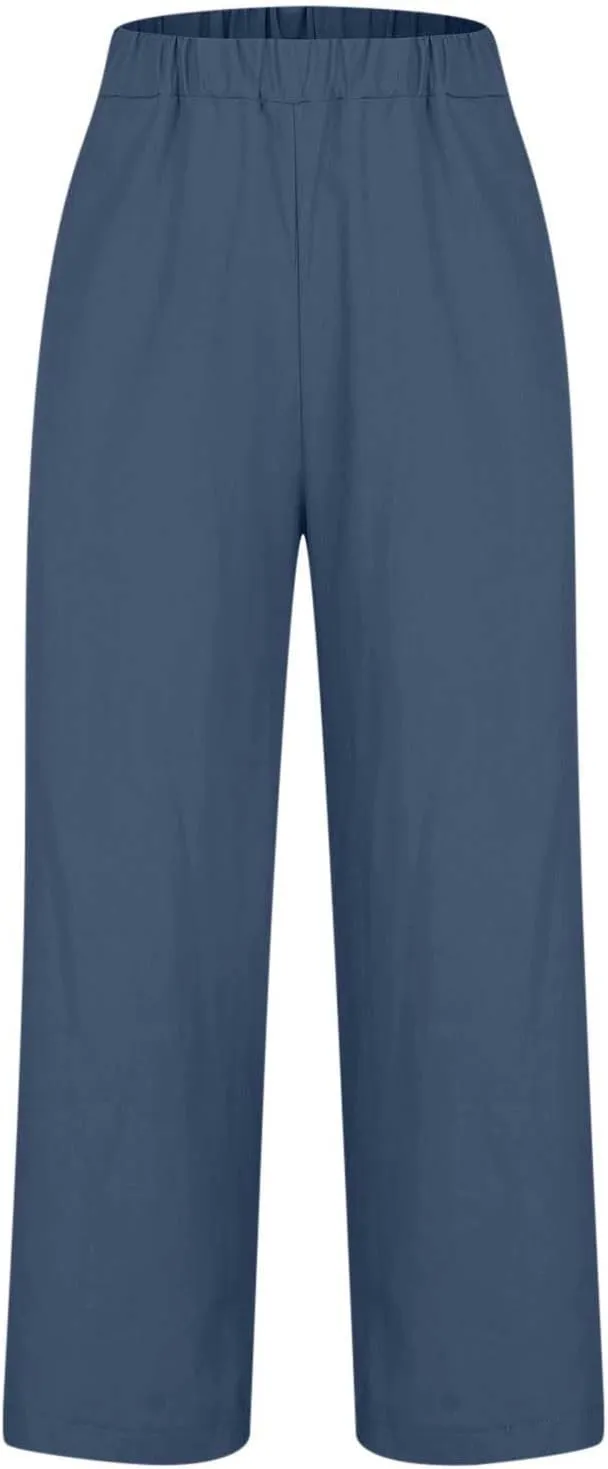 Womens Plus Size Cotton Linen Pants Elastic High Waist Summer Pants Casual Loose Fit Vacation Trousers with Pockets