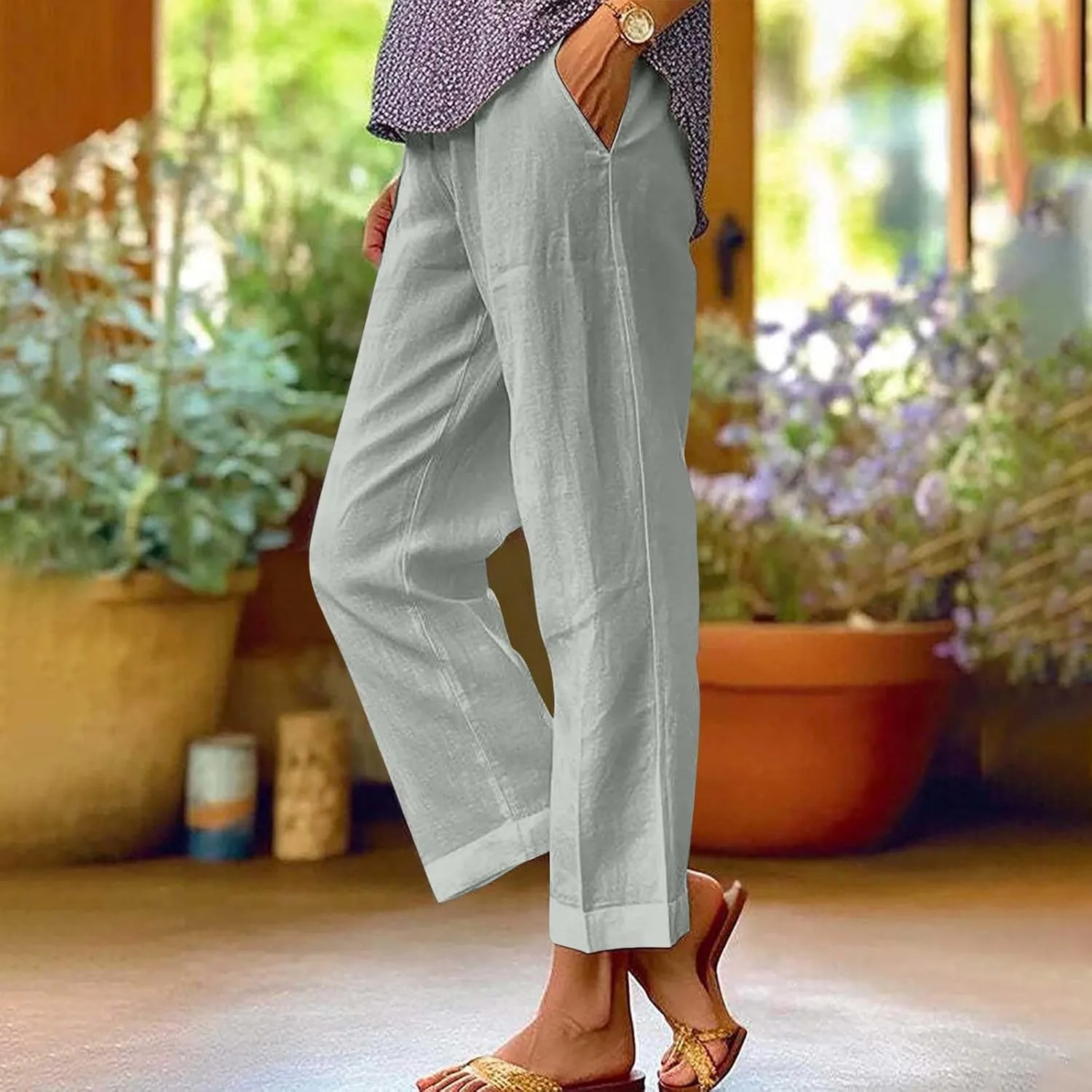 Womens Plus Size Cotton Linen Pants Elastic High Waist Summer Pants Casual Loose Fit Vacation Trousers with Pockets