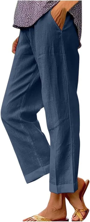 Womens Plus Size Cotton Linen Pants Elastic High Waist Summer Pants Casual Loose Fit Vacation Trousers with Pockets
