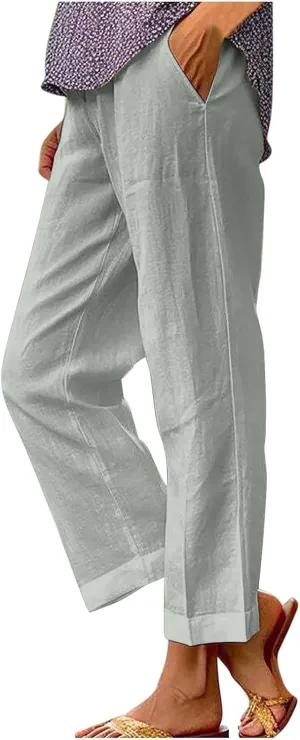 Womens Plus Size Cotton Linen Pants Elastic High Waist Summer Pants Casual Loose Fit Vacation Trousers with Pockets