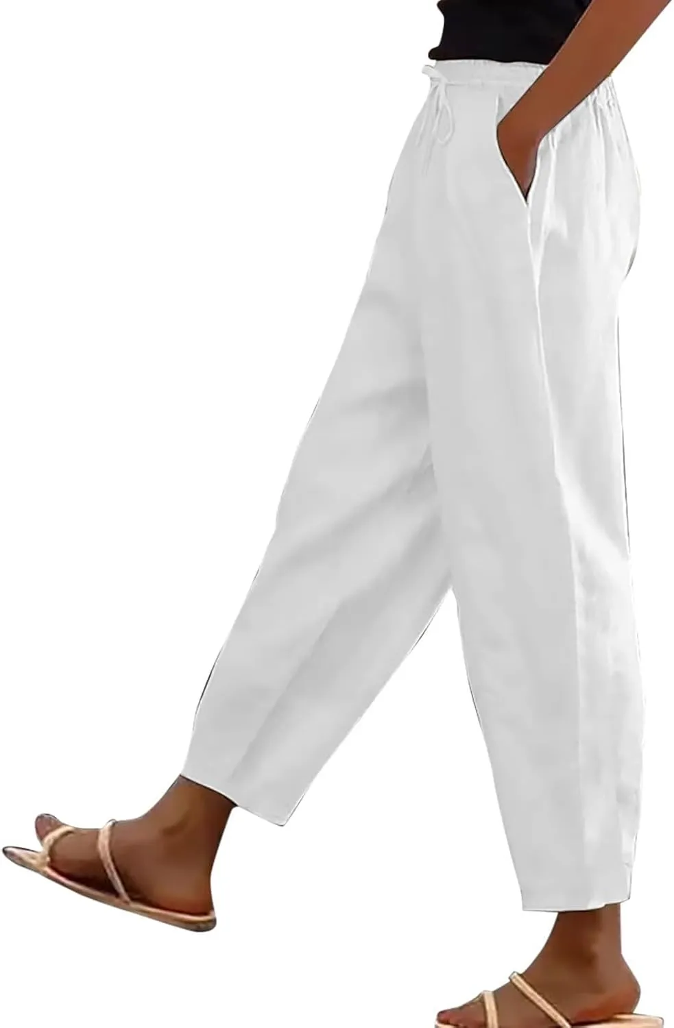 Womens Plus Size Linen Pants Summer High Waisted Wide Leg Pants Lightweight Baggy Boho Beach Lounge Trousers Pockets