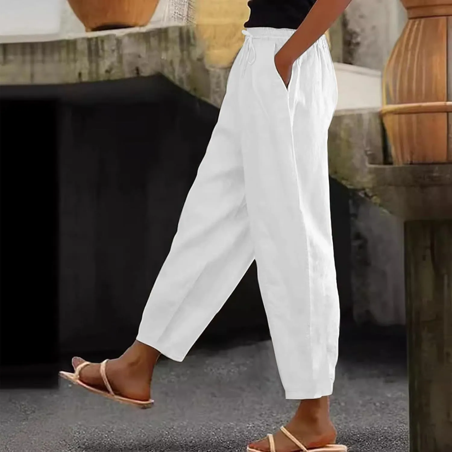 Womens Plus Size Linen Pants Summer High Waisted Wide Leg Pants Lightweight Baggy Boho Beach Lounge Trousers Pockets