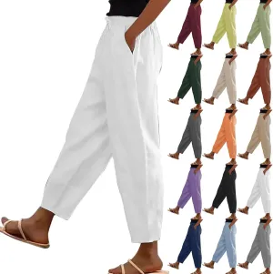 Womens Plus Size Linen Pants Summer High Waisted Wide Leg Pants Lightweight Baggy Boho Beach Lounge Trousers Pockets