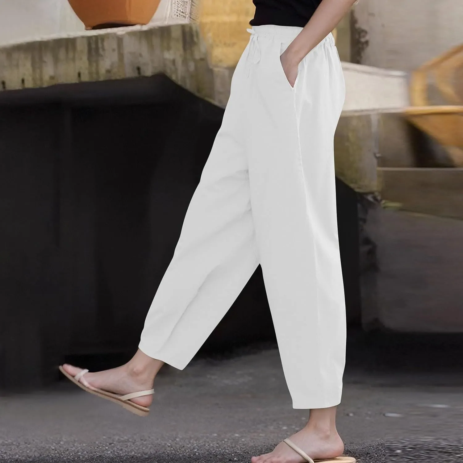 Womens Plus Size Linen Pants Summer High Waisted Wide Leg Pants Lightweight Baggy Boho Beach Lounge Trousers Pockets
