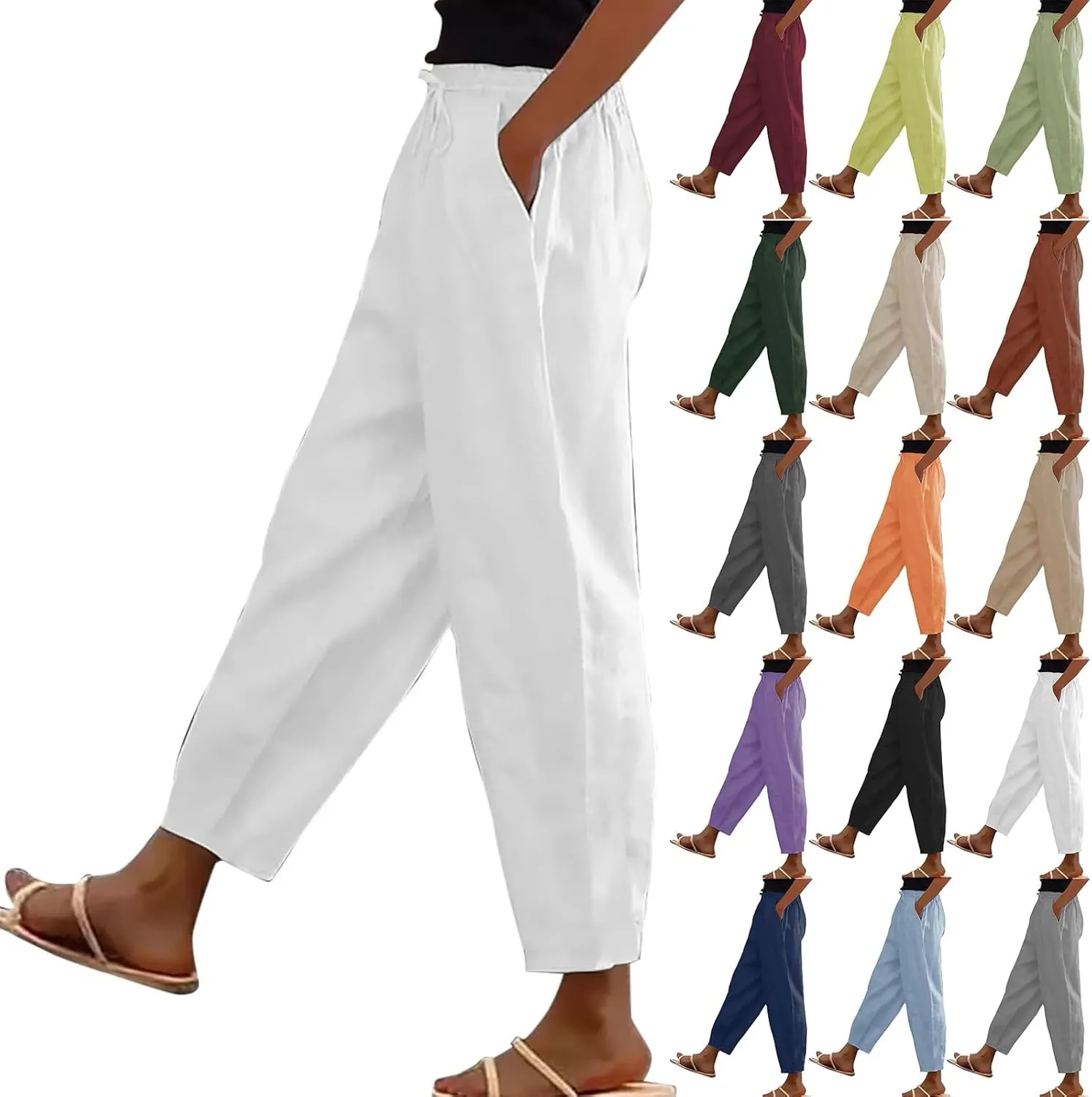 Womens Plus Size Linen Pants Summer High Waisted Wide Leg Pants Lightweight Baggy Boho Beach Lounge Trousers Pockets