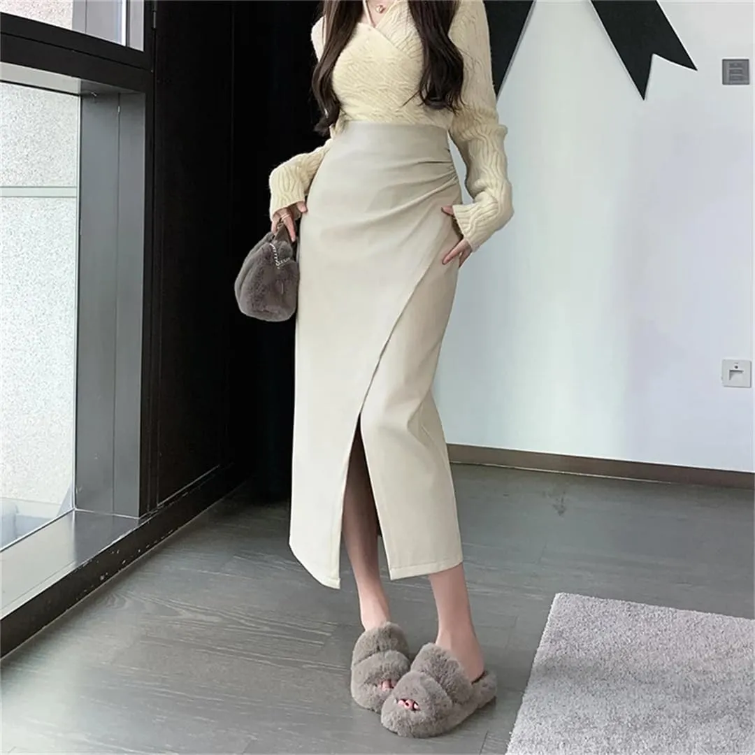 Women's PU Skirt Pleated Front Split High Waist Business A-Line Solid Color Midi Skirts