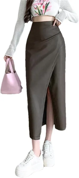 Women's PU Skirt Pleated Front Split High Waist Business A-Line Solid Color Midi Skirts