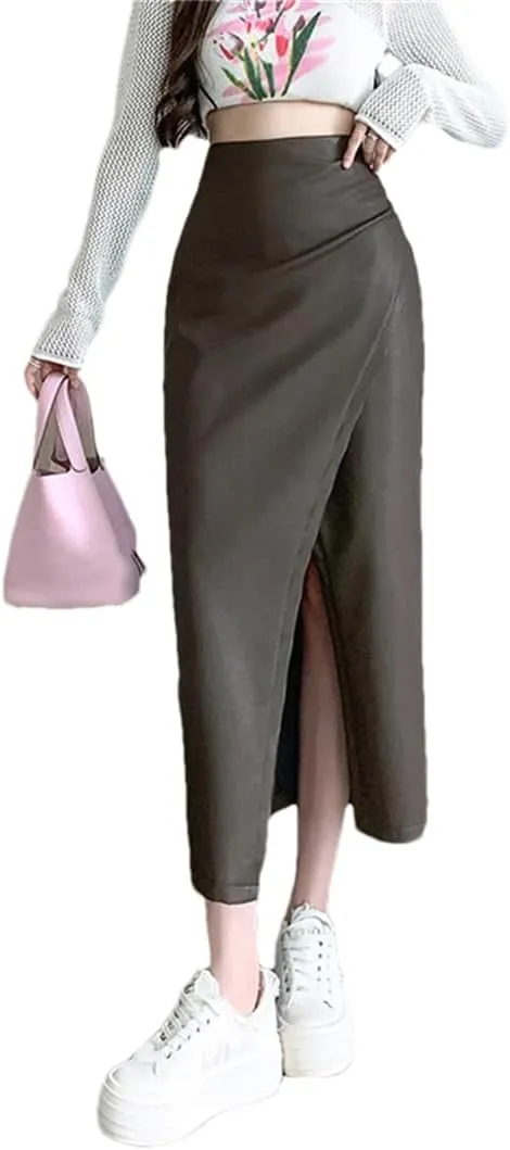 Women's PU Skirt Pleated Front Split High Waist Business A-Line Solid Color Midi Skirts