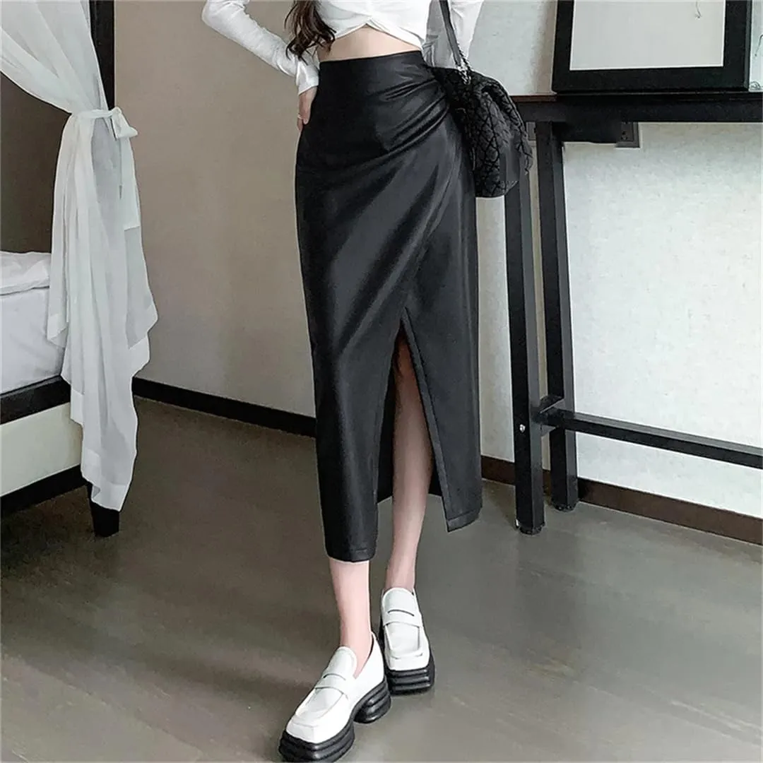 Women's PU Skirt Pleated Front Split High Waist Business A-Line Solid Color Midi Skirts