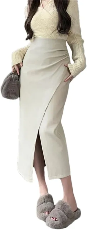 Women's PU Skirt Pleated Front Split High Waist Business A-Line Solid Color Midi Skirts
