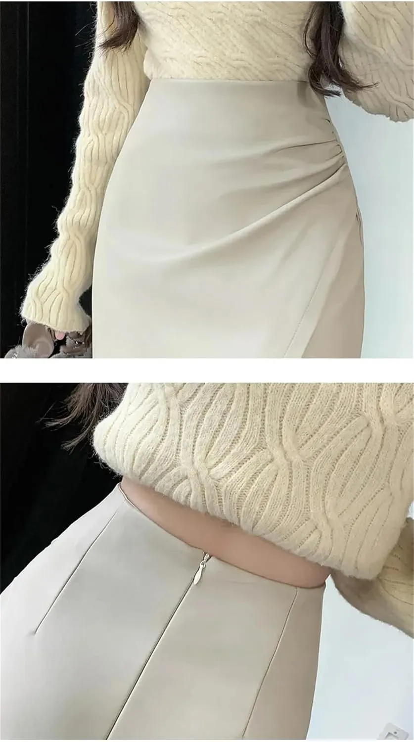 Women's PU Skirt Pleated Front Split High Waist Business A-Line Solid Color Midi Skirts