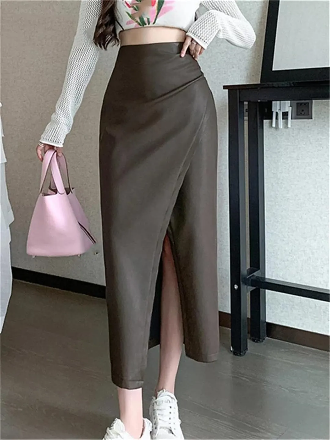 Women's PU Skirt Pleated Front Split High Waist Business A-Line Solid Color Midi Skirts