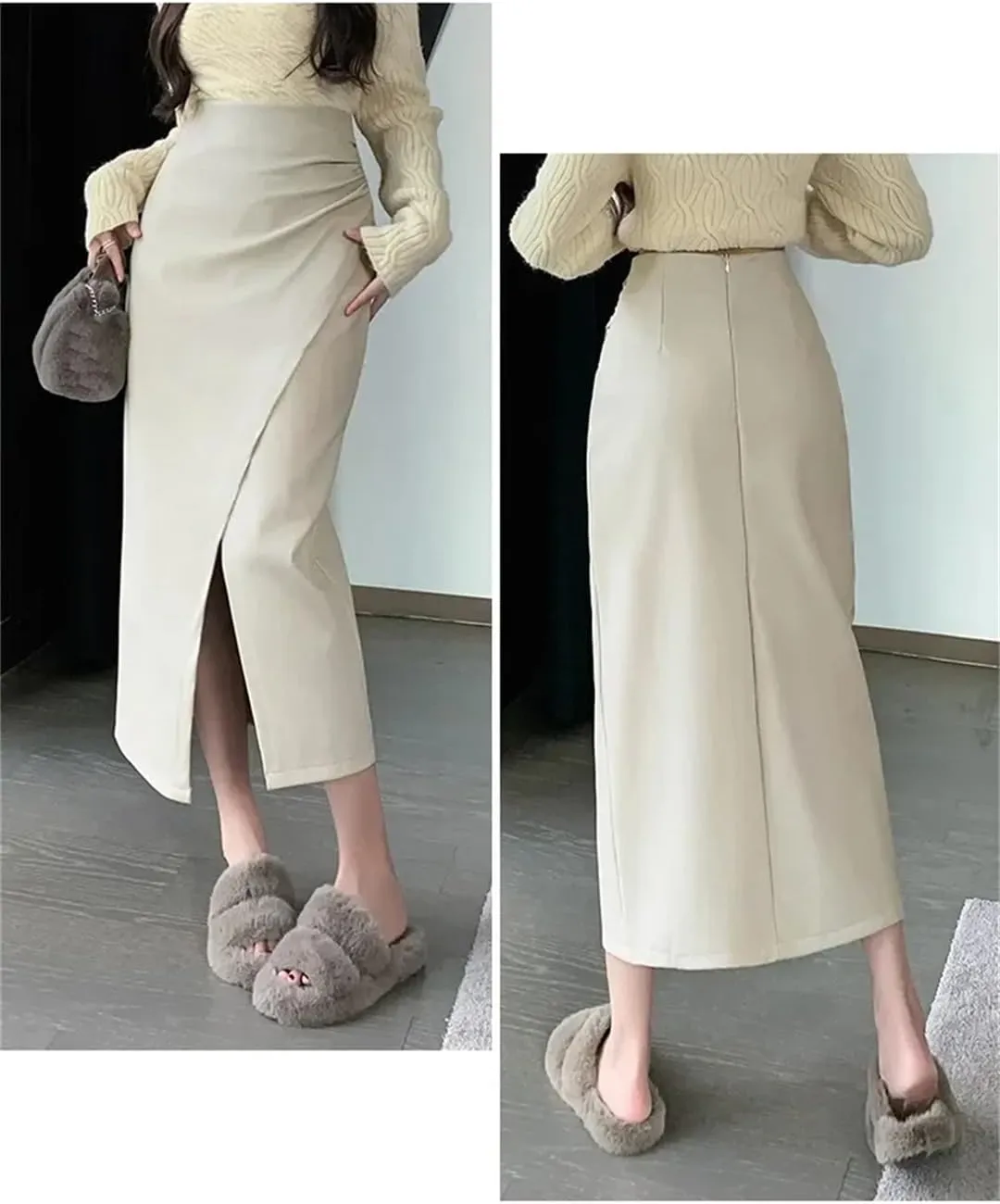 Women's PU Skirt Pleated Front Split High Waist Business A-Line Solid Color Midi Skirts