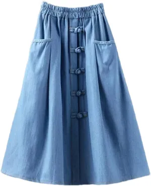 Women's Retro Elastic High Waisted Denim Skirt Summer Loose A-Line Mid-Length Jeans Skirts
