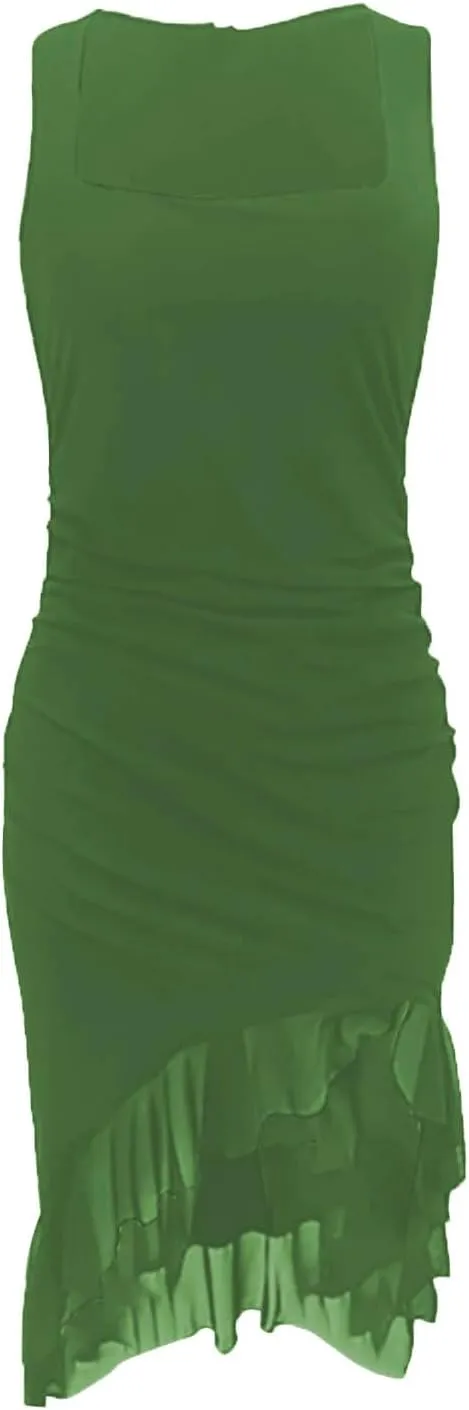 Women's Sexy Ruched Bodycon Midi Dresses Sleeveless Square Neck Ruffle Hem Cocktail Party Tank Dress Clubwear Gowns