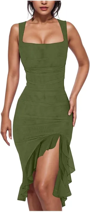 Women's Sexy Ruched Bodycon Midi Dresses Sleeveless Square Neck Ruffle Hem Cocktail Party Tank Dress Clubwear Gowns