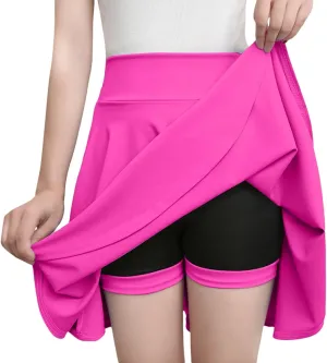 Women's Skort with Built-in Shorts 2025 Fashion Casual Stretchy Pleated High Waisted Flared Mini Tennis Skater Skirt