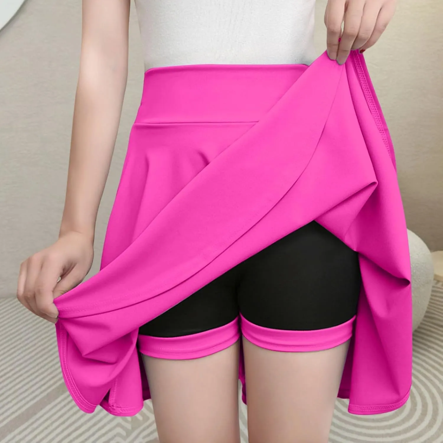 Women's Skort with Built-in Shorts 2025 Fashion Casual Stretchy Pleated High Waisted Flared Mini Tennis Skater Skirt