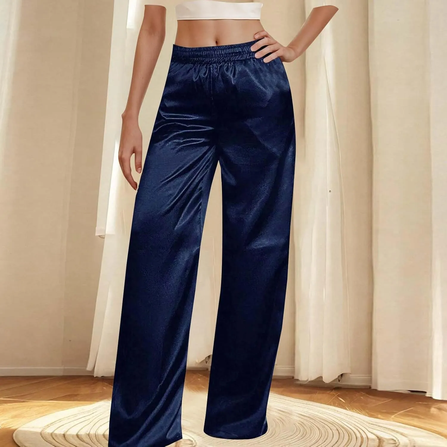Women's Solid Casual Pants Trendy Straight Leg Elastic High Waist Palazzo Pants Loose Fit Trousers with Pockets