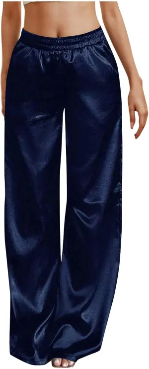 Women's Solid Casual Pants Trendy Straight Leg Elastic High Waist Palazzo Pants Loose Fit Trousers with Pockets