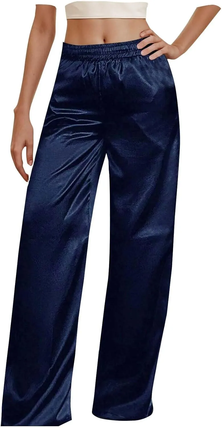 Women's Solid Casual Pants Trendy Straight Leg Elastic High Waist Palazzo Pants Loose Fit Trousers with Pockets