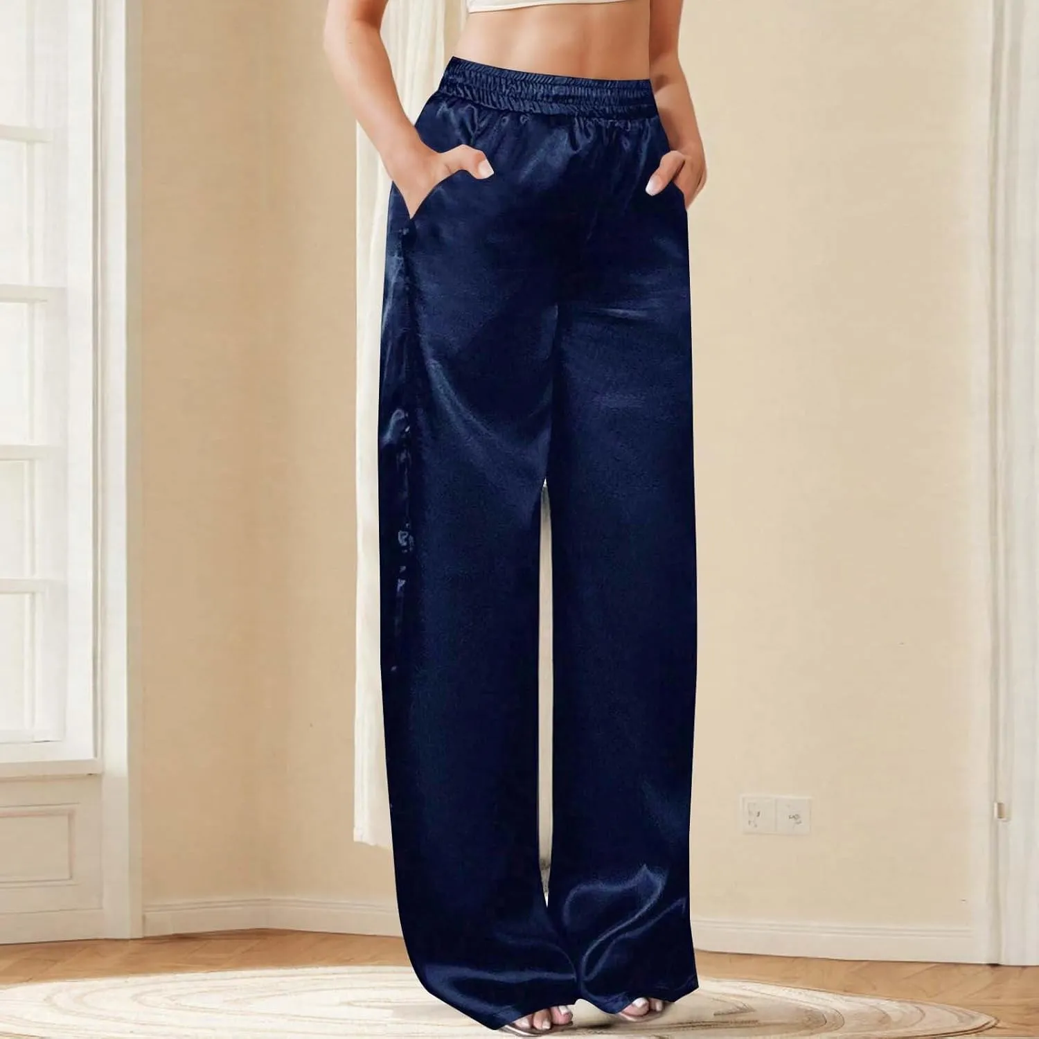 Women's Solid Casual Pants Trendy Straight Leg Elastic High Waist Palazzo Pants Loose Fit Trousers with Pockets