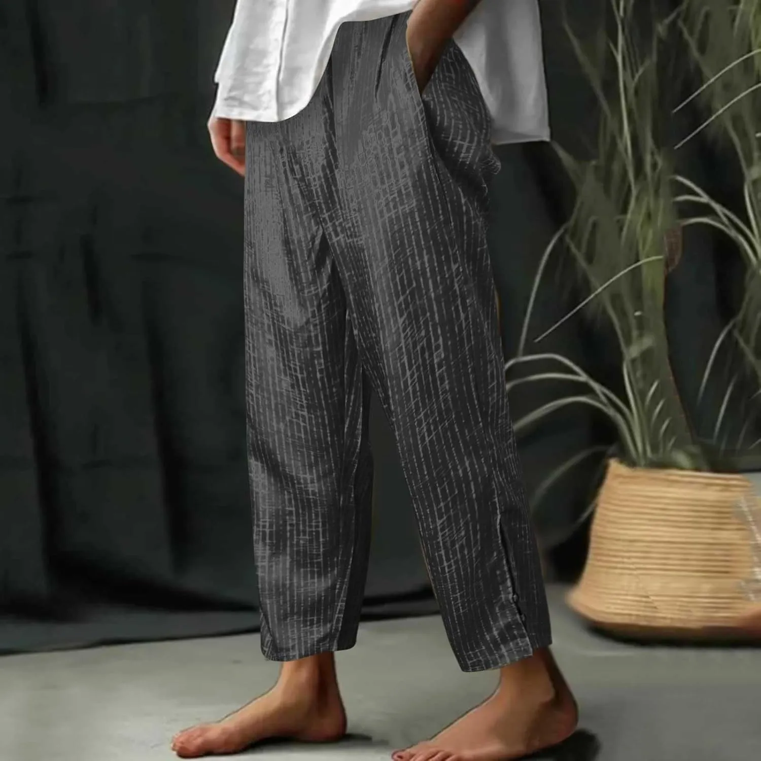 Womens Striped Pants Drawstring Elastic Waist Summer Lounge Pants Straight Leg Baggy Trendy Trousers with Pocket