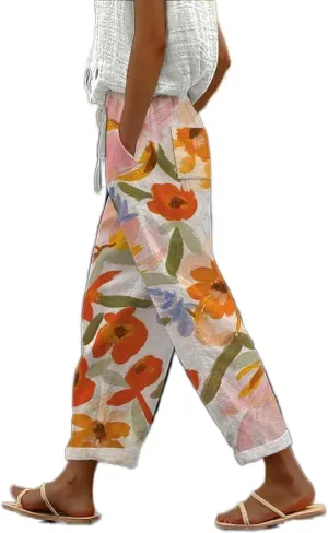 Women's Summer Boho Floral Casual Linen Pants Elastic High Waisted Wide Leg Beach Trousers with Pockets Plus Size