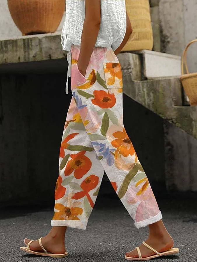 Women's Summer Boho Floral Casual Linen Pants Elastic High Waisted Wide Leg Beach Trousers with Pockets Plus Size