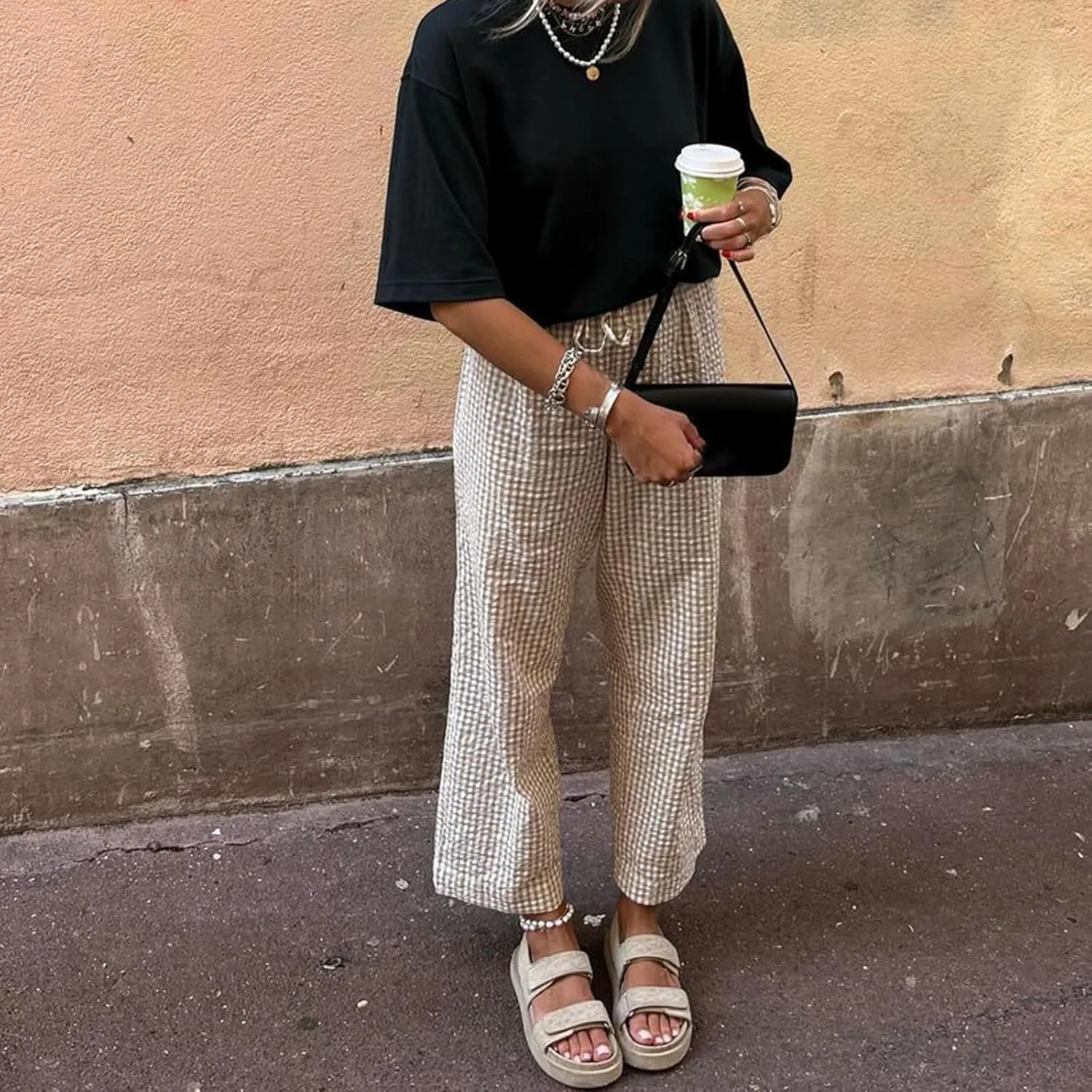 Women's Summer Casual Pants Plaid Drawstring High Waist Straight Leg Trousers Daily Lounging Streetwear