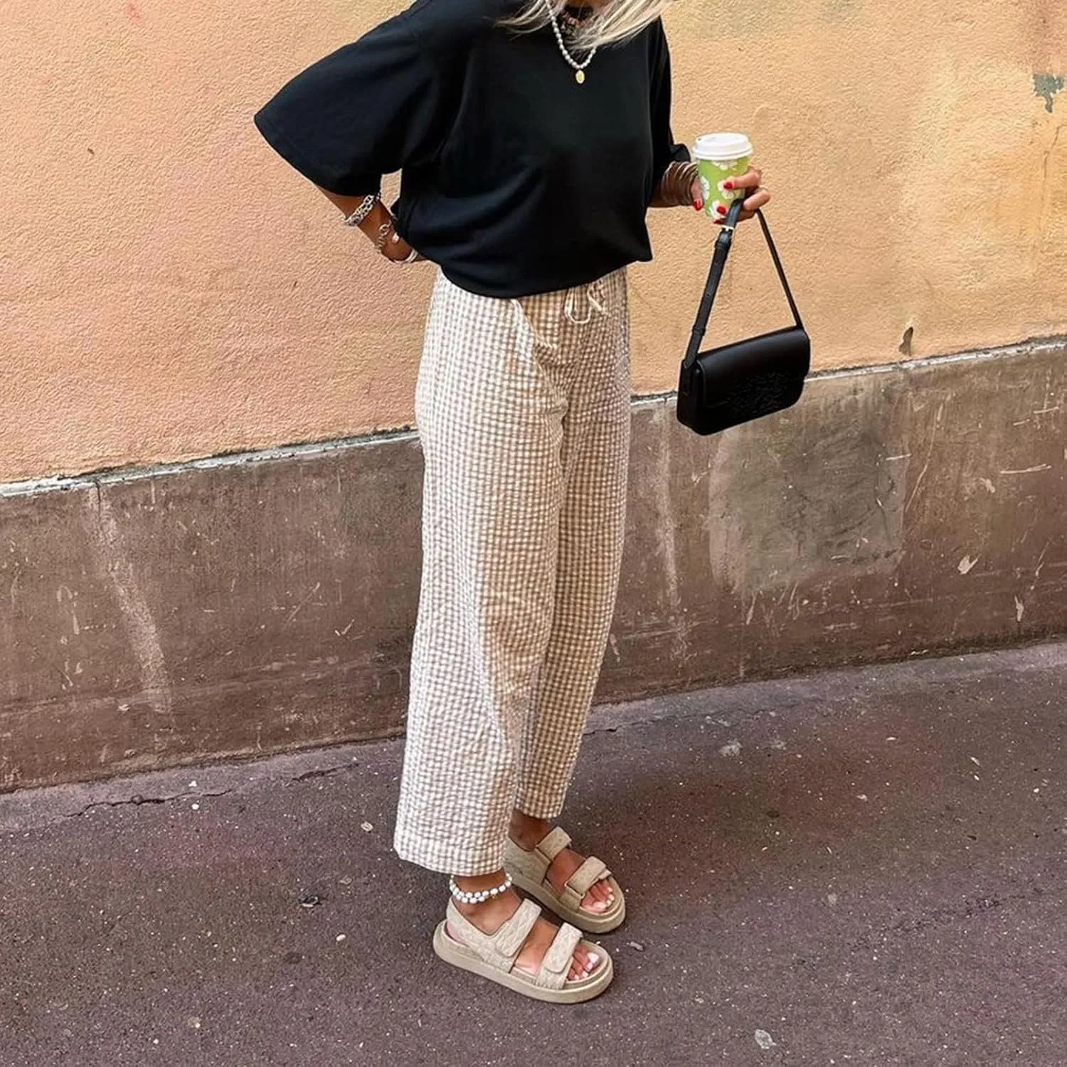 Women's Summer Casual Pants Plaid Drawstring High Waist Straight Leg Trousers Daily Lounging Streetwear