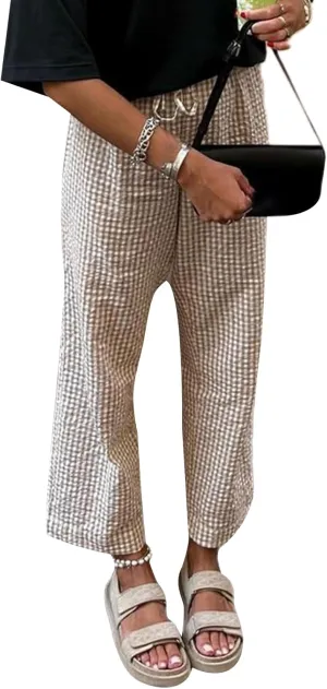 Women's Summer Casual Pants Plaid Drawstring High Waist Straight Leg Trousers Daily Lounging Streetwear