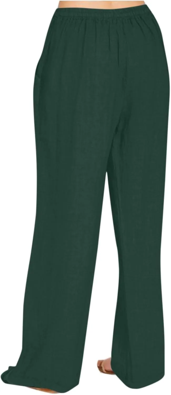 Women's Summer High Waist Baggy Pants, Loose Fit Cotton Linen Home Pants Casual Solid Elastic Waist Pocket Trouser