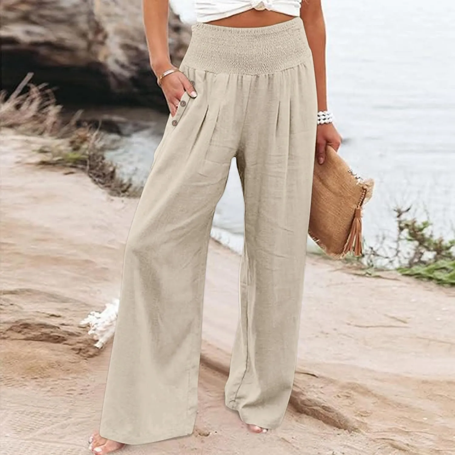 Women's Summer High Waisted Cotton Linen Pants with Pockets Wide Leg Long Lounge Palazzo Pants Loose Flowy Trousers