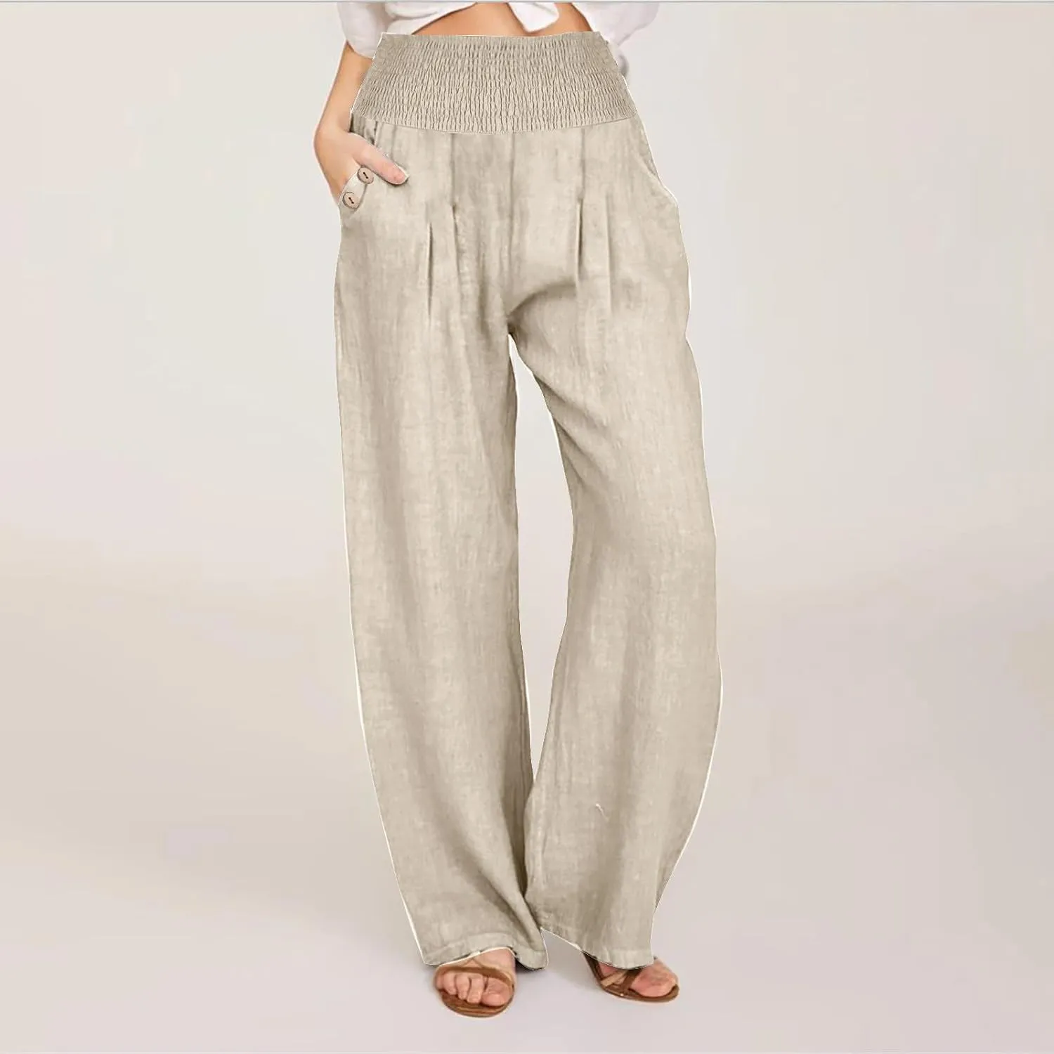 Women's Summer High Waisted Cotton Linen Pants with Pockets Wide Leg Long Lounge Palazzo Pants Loose Flowy Trousers