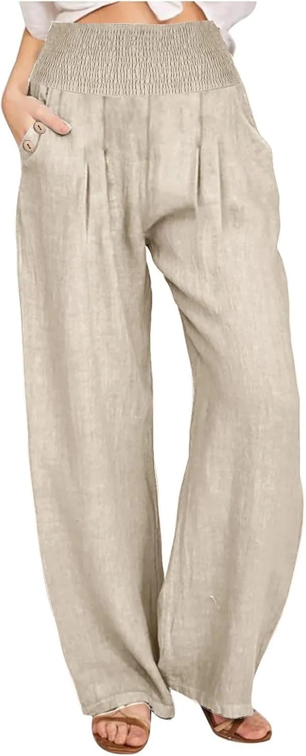 Women's Summer High Waisted Cotton Linen Pants with Pockets Wide Leg Long Lounge Palazzo Pants Loose Flowy Trousers