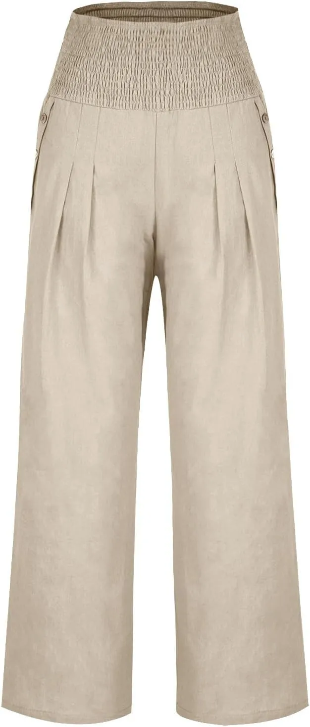 Women's Summer High Waisted Cotton Linen Pants with Pockets Wide Leg Long Lounge Palazzo Pants Loose Flowy Trousers