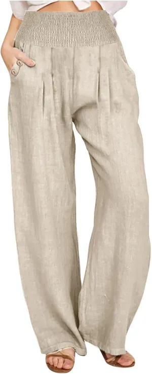 Women's Summer High Waisted Cotton Linen Pants with Pockets Wide Leg Long Lounge Palazzo Pants Loose Flowy Trousers
