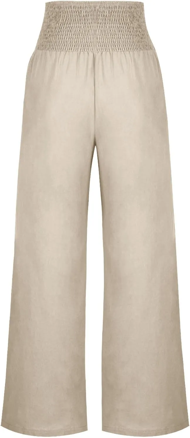 Women's Summer High Waisted Cotton Linen Pants with Pockets Wide Leg Long Lounge Palazzo Pants Loose Flowy Trousers