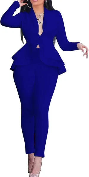 Women's Two Piece Outfits Sets Long Sleeve Deep V Neck Ruffle Pelplum Blazer Slim Fit Bocycon Long Pants Business Suit Set