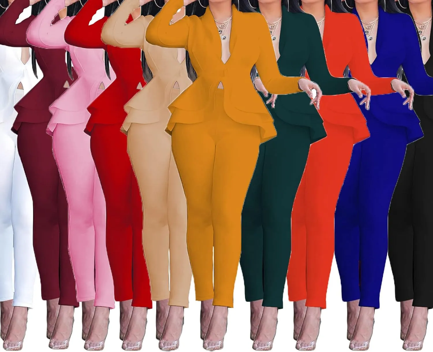 Women's Two Piece Outfits Sets Long Sleeve Deep V Neck Ruffle Pelplum Blazer Slim Fit Bocycon Long Pants Business Suit Set