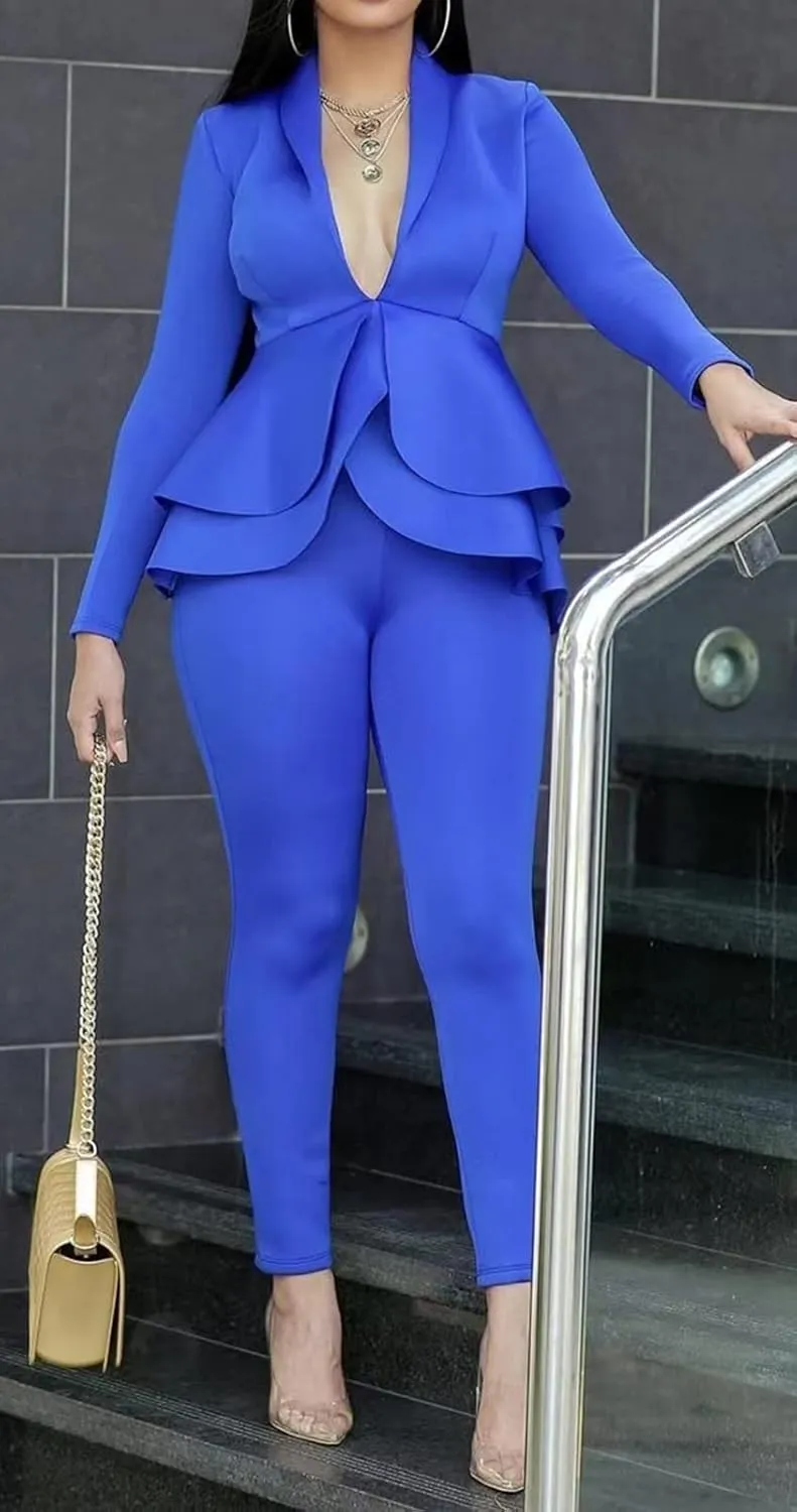 Women's Two Piece Outfits Sets Long Sleeve Deep V Neck Ruffle Pelplum Blazer Slim Fit Bocycon Long Pants Business Suit Set