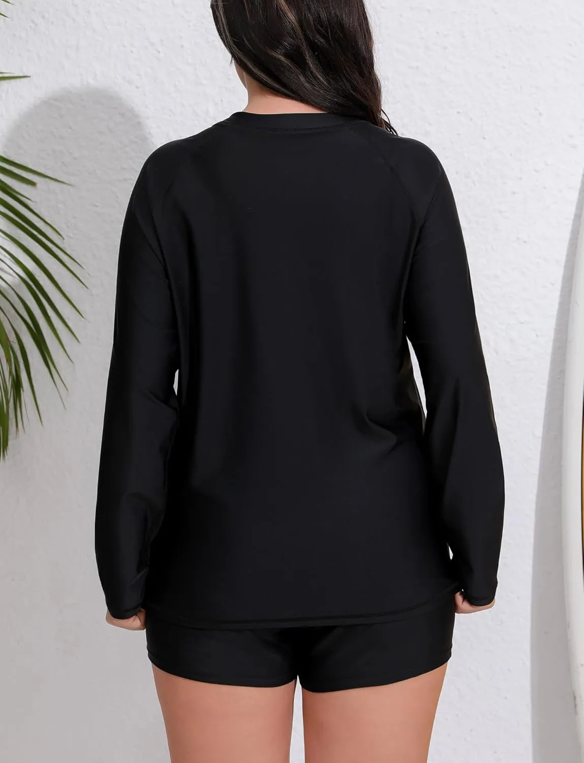 Womens Two Piece Plus Size Long Sleeve Rash Guard Sets Half Zip Swim Shirts Top and Shorts UPF50  Swimsuit