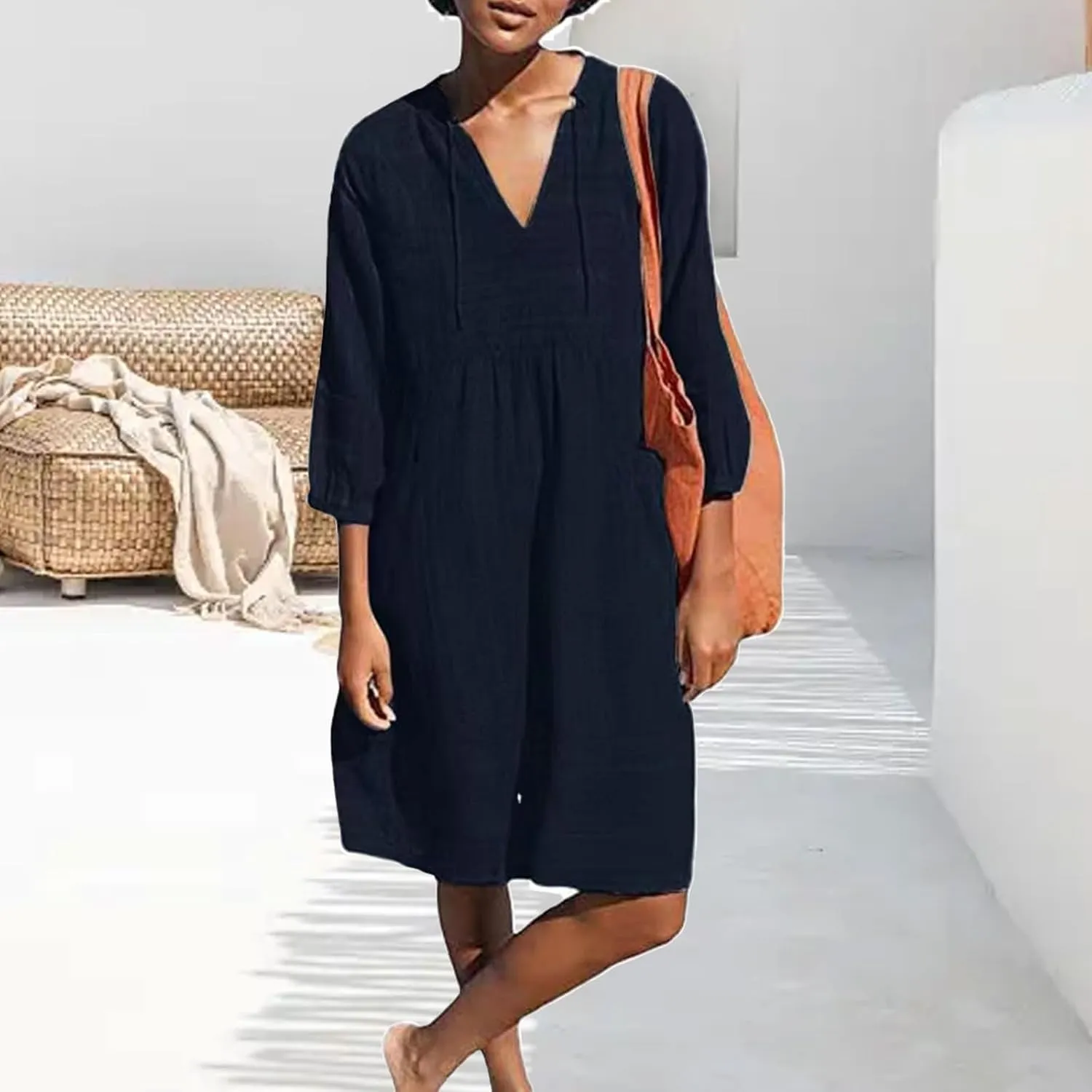 Womens V Neck Cotton Linen Summer Casual Loose Shirts Tunic 3/4 Sleeve Smock Dresses Beach Vacation Dress with Pocket