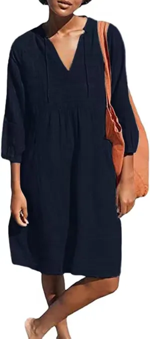 Womens V Neck Cotton Linen Summer Casual Loose Shirts Tunic 3/4 Sleeve Smock Dresses Beach Vacation Dress with Pocket