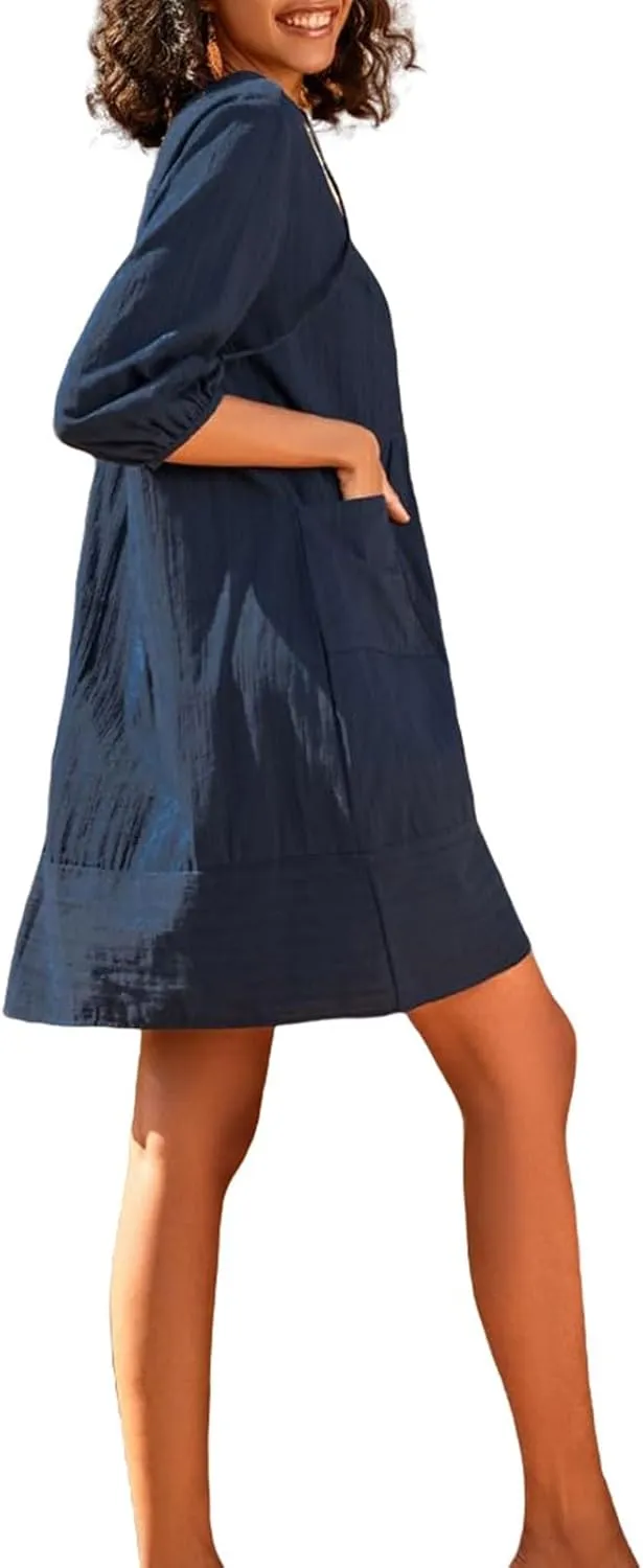 Womens V Neck Cotton Linen Summer Casual Loose Shirts Tunic 3/4 Sleeve Smock Dresses Beach Vacation Dress with Pocket