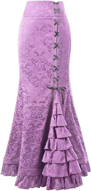 Women's Victorian Skirts Vintage High Waist Steampunk Long Fishtail Tiered Ruffle Mermaid Maxi Pencil Dress