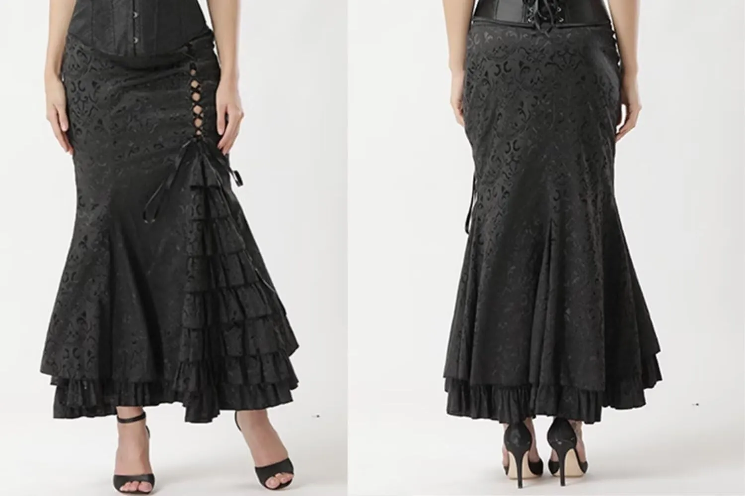 Women's Victorian Skirts Vintage High Waist Steampunk Long Fishtail Tiered Ruffle Mermaid Maxi Pencil Dress